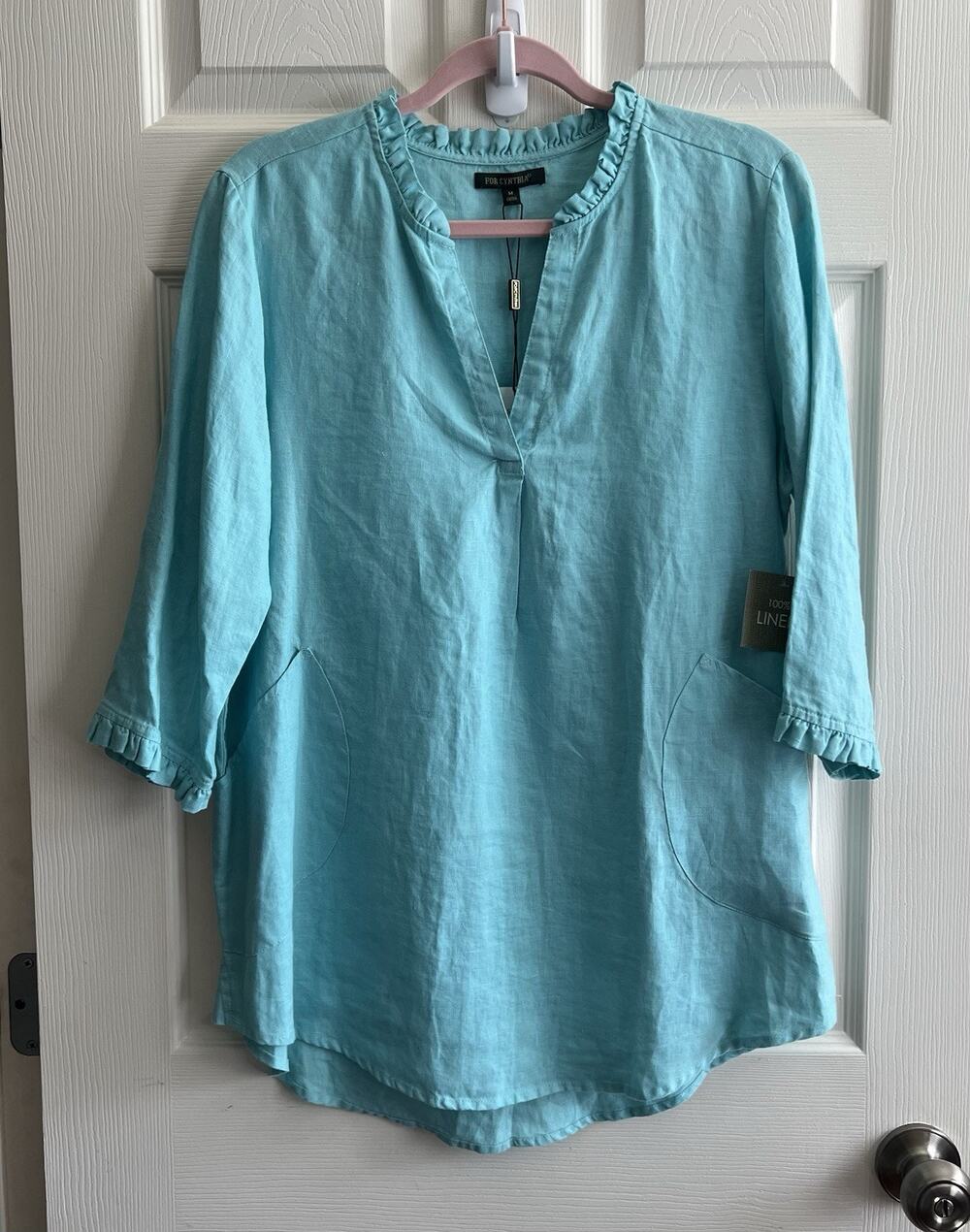 FOR CYNTHIA Turquoise Blue 100% Linen Ruffle Trim Tunic Blouse Top Sz M NWT
